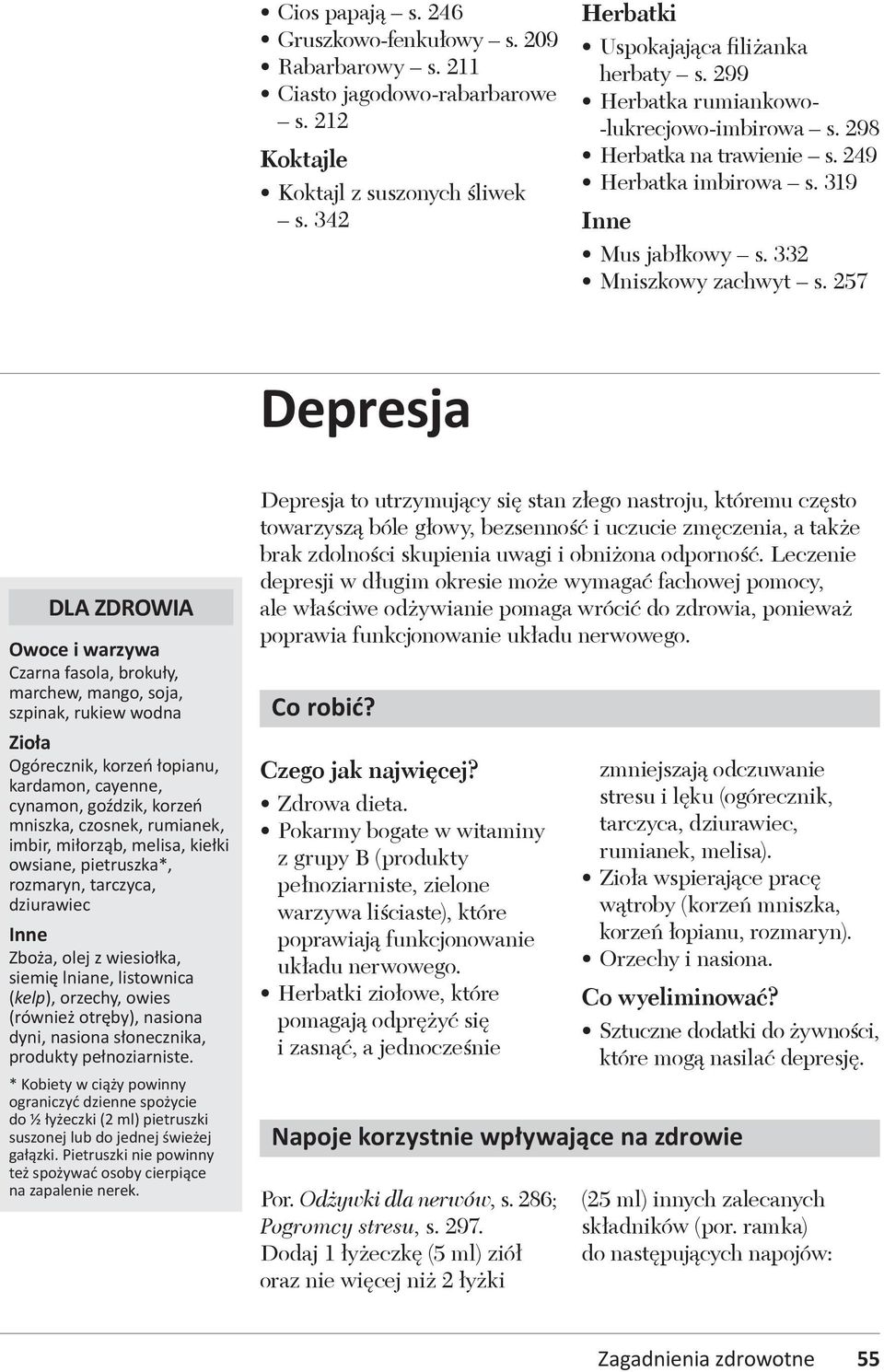 257 Depresja DLA ZDROWIA Owoce i warzywa Czarna fasola, brokuły, marchew, mango, soja, szpinak, rukiew wodna Zioła Ogórecznik, korzeń łopianu, kardamon, cayenne, cynamon, goździk, korzeń mniszka,