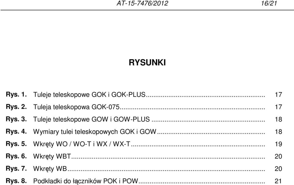 Wymiary tulei teleskopowych GOK i GOW... 18 Rys. 5. Wkręty WO / WO-T i WX / WX-T... 19 Rys.