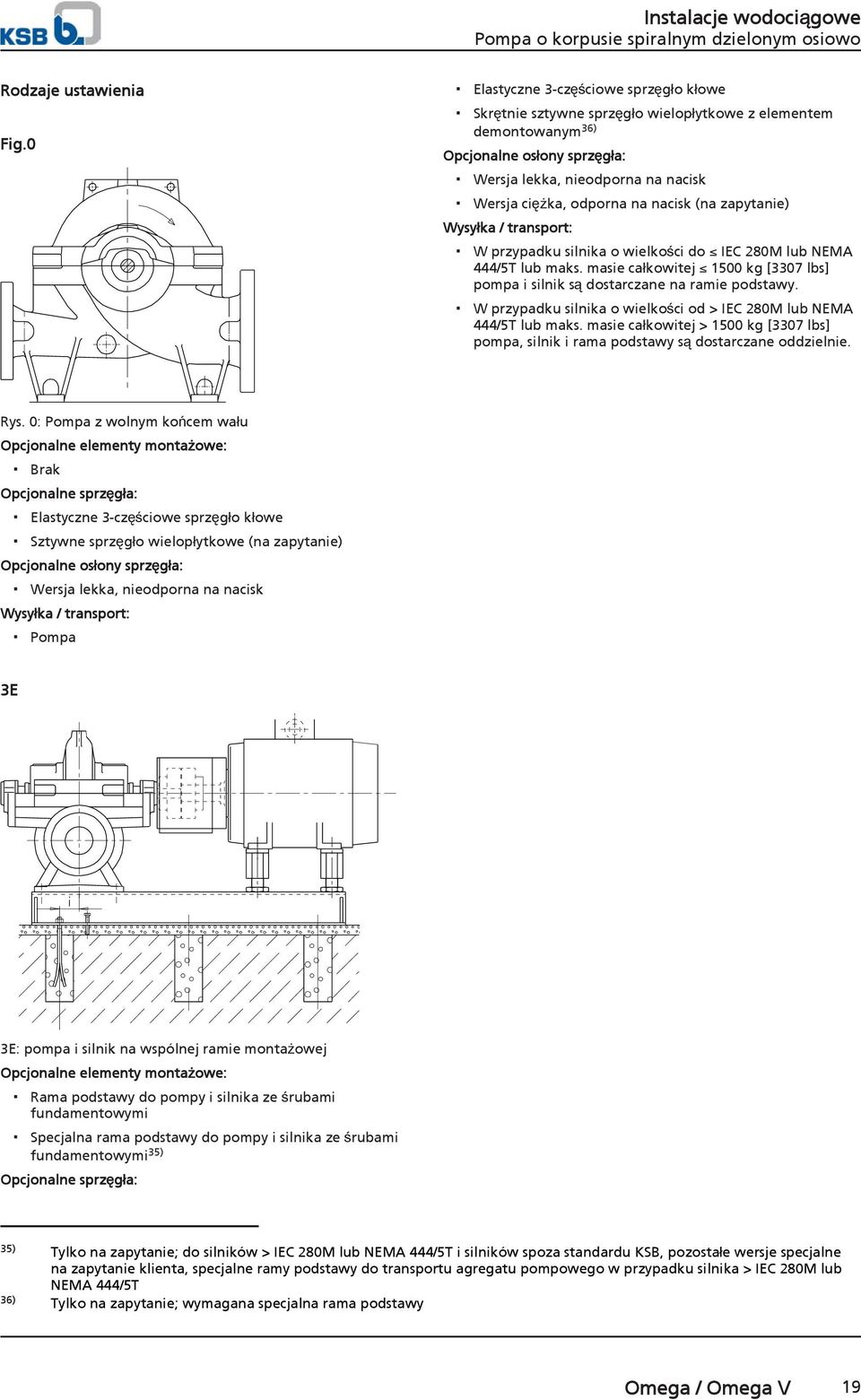 zapytanie) Wysyłka / transprt: W przypadku silnika wielkści d IEC 280M lub NEMA 444/5T lub maks. masie całkwitej 1500 kg [3307 lbs] pmpa i silnik są dstarczane na ramie pdstawy.