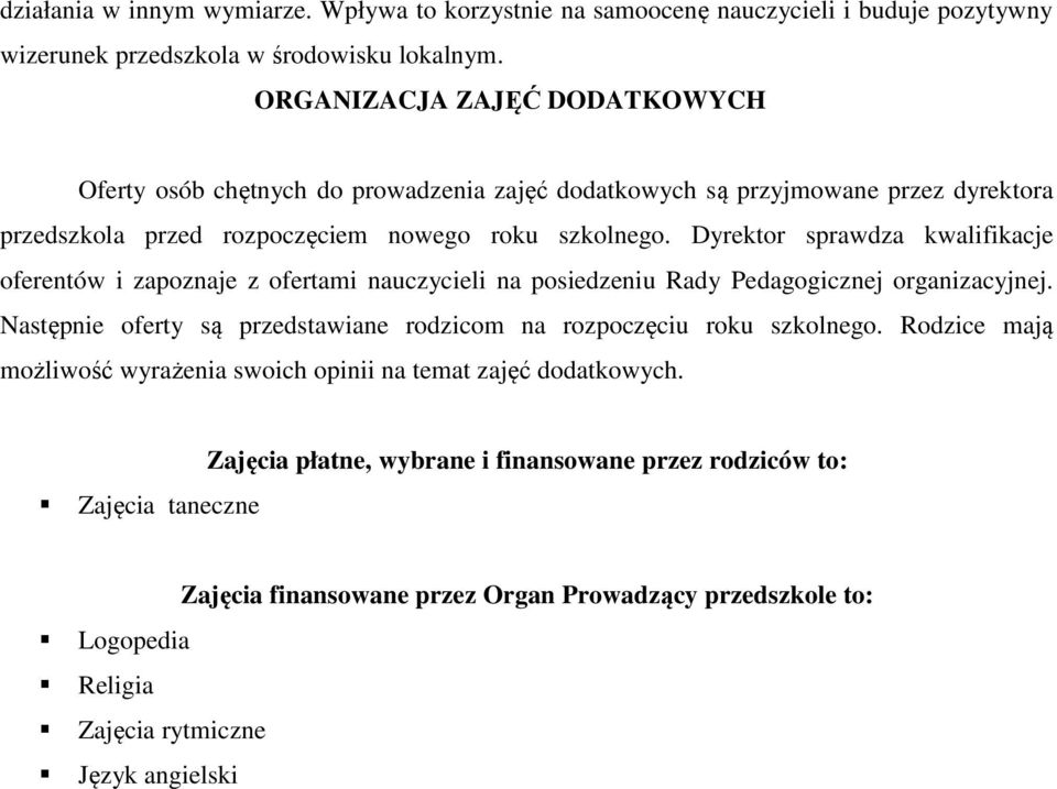 Dyrektor sprawdza kwalifikacje oferentów i zapoznaje z ofertami nauczycieli na posiedzeniu Rady Pedagogicznej organizacyjnej.