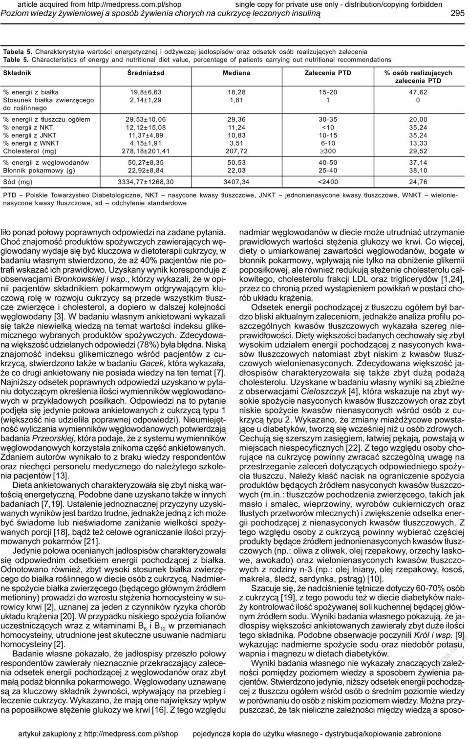 Characteristics of energy and nutritional diet value, percentage of patients carrying out nutritional recommendations Składnik Średnia±sd Mediana Zalecenia PTD % osób realizujących zalecenia PTD %