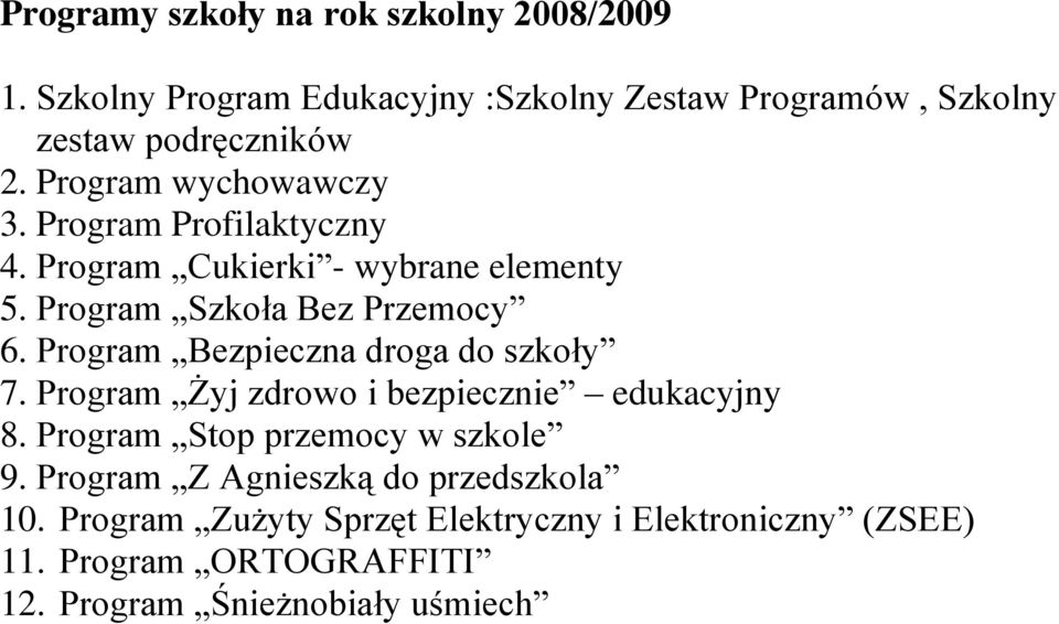 Program Bezpieczna droga do szkoły 7. Program Żyj zdrowo i bezpiecznie edukacyjny 8. Program Stop przemocy w szkole 9.