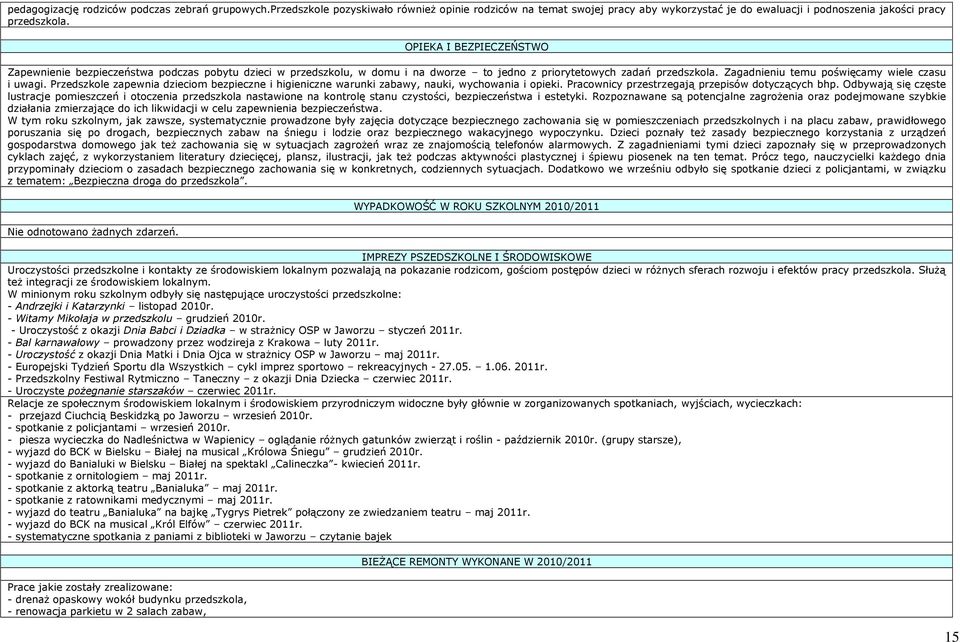 Przedszkole zapewnia dzieciom bezpieczne i higieniczne warunki zabawy, nauki, wychowania i opieki. Pracownicy przestrzegają przepisów dotyczących bhp.