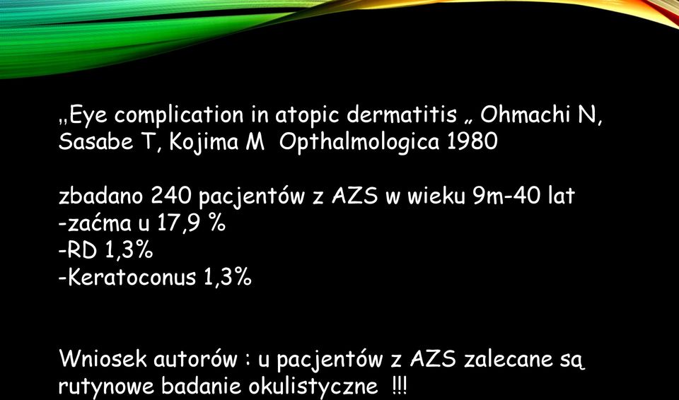 9m-40 lat -zaćma u 17,9 % -RD 1,3% -Keratoconus 1,3% Wniosek