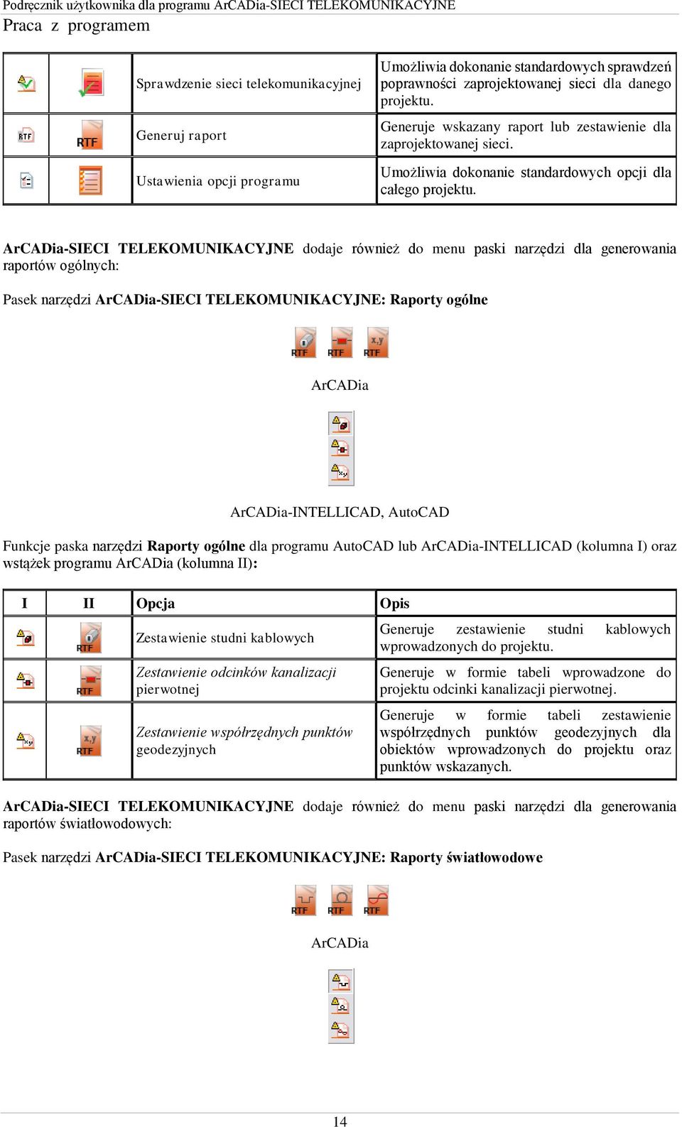 ArCADia-SIECI TELEKOMUNIKACYJNE dodaje również do menu paski narzędzi dla generowania raportów ogólnych: Pasek narzędzi ArCADia-SIECI TELEKOMUNIKACYJNE: Raporty ogólne ArCADia ArCADia-INTELLICAD,