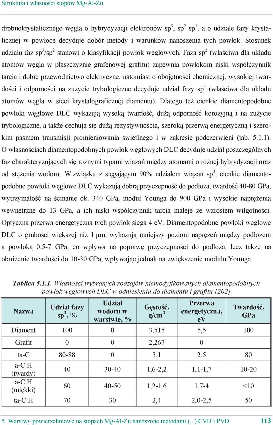 Faza sp 2 (w a ciwa dla uk adu atomów w gla w p aszczy nie grafenowej grafitu) zapewnia pow okom niski wspó czynnik tarcia i dobre przewodnictwo elektryczne, natomiast o oboj tno ci chemicznej,