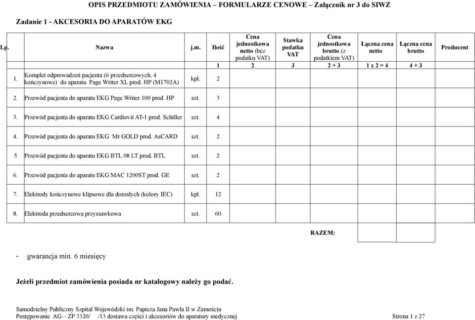 Przewód pacjenta do aparatu EKG Cardiovit AT-1 prod. Schiller szt. 4 4. Przewód pacjenta do aparatu EKG Mr GOLD prod. AsCARD szt. 2 5 Przewód pacjenta do aparatu EKG BTL 08 LT prod. BTL szt. 2 6.