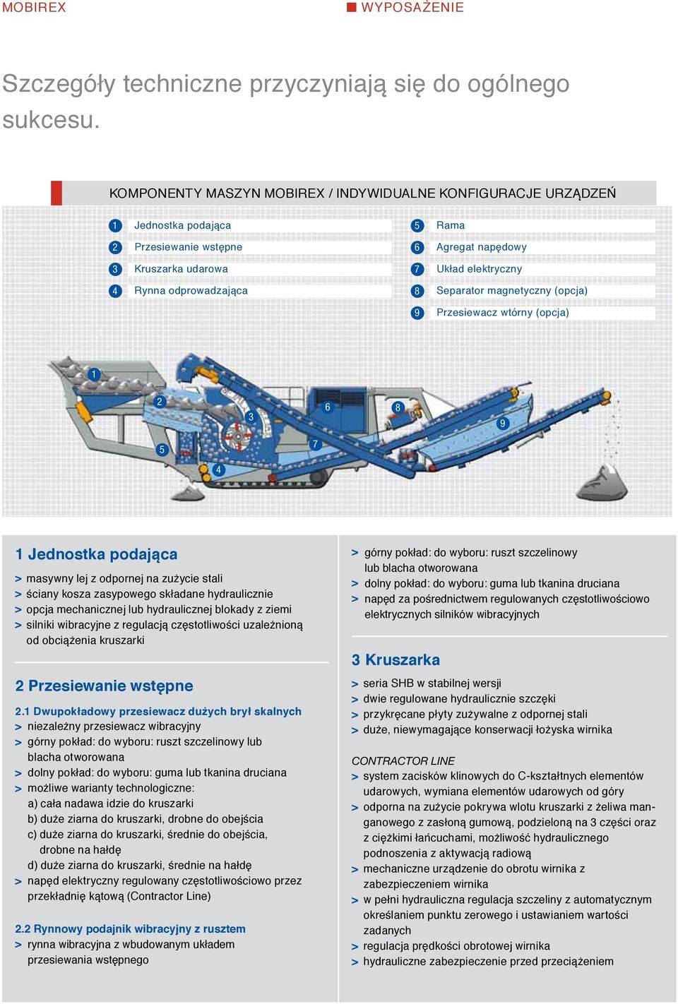 Separator magnetyczny (opcja) 9 Przesiewacz wtórny (opcja) 1 1 2 3 6 8 9 5 7 4 1 Jednostka podająca > masywny lej z odpornej na zużycie stali > ściany kosza zasypowego składane hydraulicznie > opcja