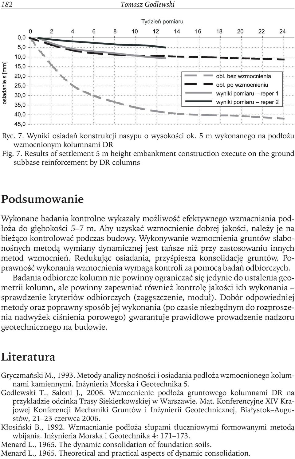 Results of settlement 5 m height embankment construction execute on the ground subbase reinforcement by DR columns Podsumowanie Wykonane badania kontrolne wykazały możliwość efektywnego wzmacniania