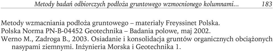 Polska Norma PN-B-04452 Geotechnika Badania polowe, maj 2002. Werno M., Zadroga B.