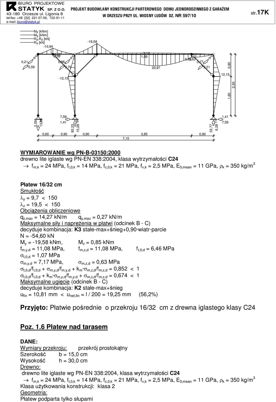 MPa, E 0,mean = 11 GPa, ρ k = 350 kg/m 3 Płatew 16/32 cm Smukłość λ y = 9,7 < 150 λ z = 19,5 < 150 Obciążenia obliczeniowe q z,max = 14,27 kn/m q y,max = 0,27 kn/m Maksymalne siły i naprężenia w