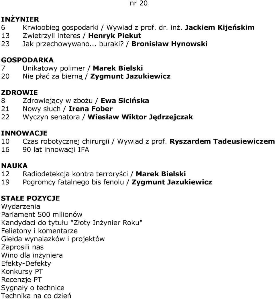 słuch / Irena Fober 22 Wyczyn senatora / Wiesław Wiktor Jędrzejczak 10 Czas robotycznej chirurgii / Wywiad z prof.