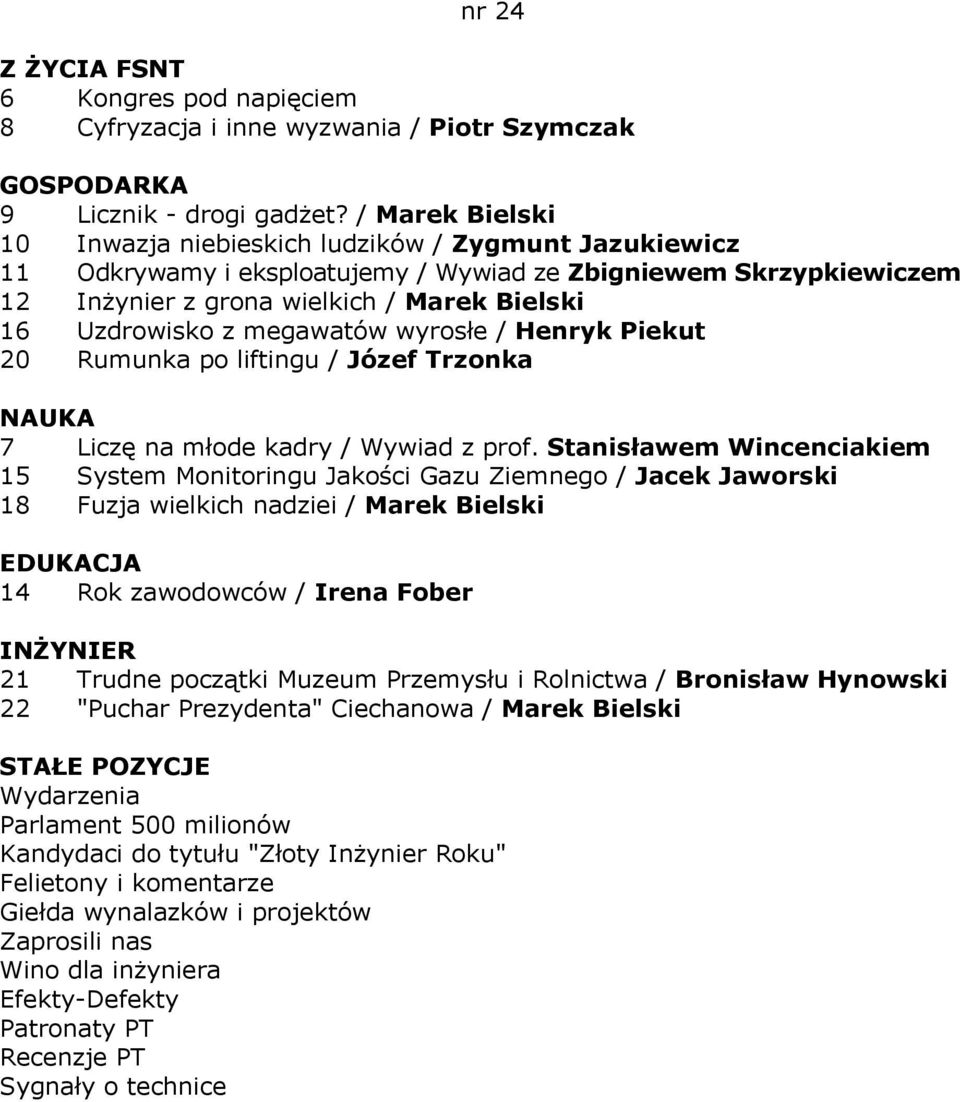 Bielski 16 Uzdrowisko z megawatów wyrosłe / Henryk Piekut 20 Rumunka po liftingu / Józef Trzonka 7 Liczę na młode kadry / Wywiad z prof.