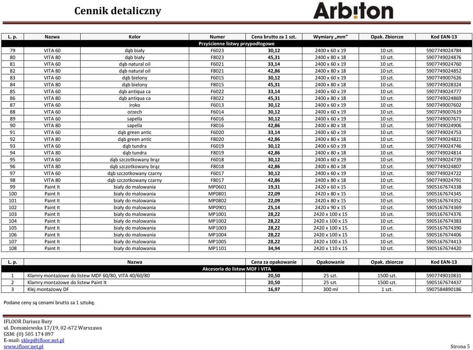 5907749024760 82 VITA 80 dąb natural oil F8021 42,86 2400 x 80 x 18 10 szt. 5907749024852 83 VITA 60 dąb bielony F6015 30,12 2400 x 60 x 19 10 szt.