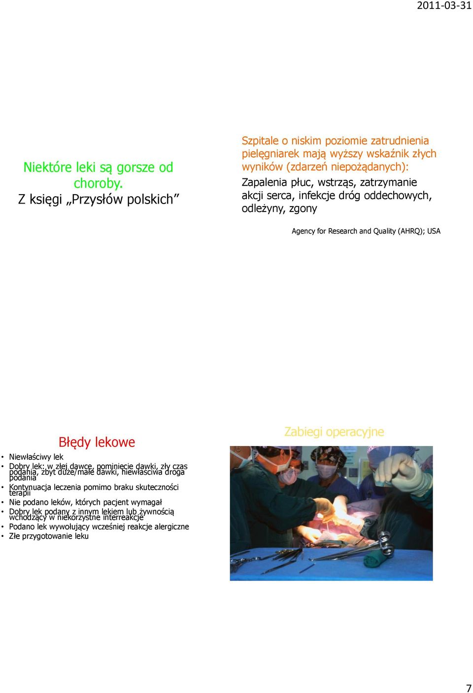 akcji serca, infekcje dróg oddechowych, odleżyny, zgony Agency for Research and Quality (AHRQ); USA Błędy lekowe Niewłaściwy lek Dobry lek: w złej dawce, pominięcie dawki, zły czas