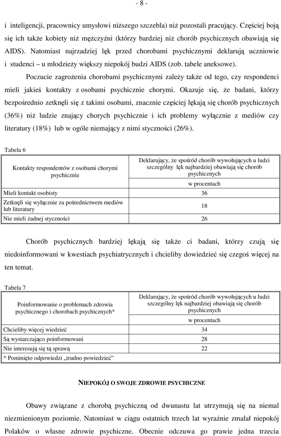 Poczucie zagrożenia chorobami psychicznymi zależy także od tego, czy respondenci mieli jakieś kontakty z osobami psychicznie chorymi.