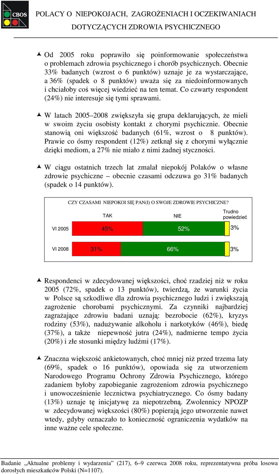 Co czwarty respondent (24%) nie interesuje się tymi sprawami. W latach 2005 2008 zwiększyła się grupa deklarujących, że mieli w swoim życiu osobisty kontakt z chorymi psychicznie.