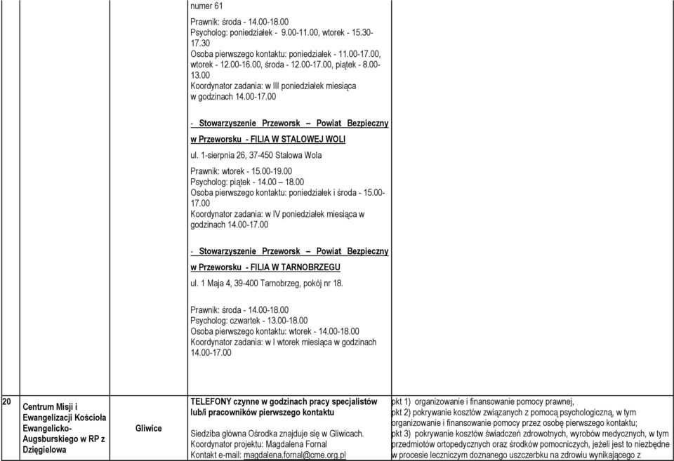 1-sierpnia 26, 37-450 Stalowa Wola Prawnik: wtorek - 15.00-19.00 Psycholog: piątek - 14.00 18.00 Osoba pierwszego kontaktu: poniedziałek i środa - 15.00-17.