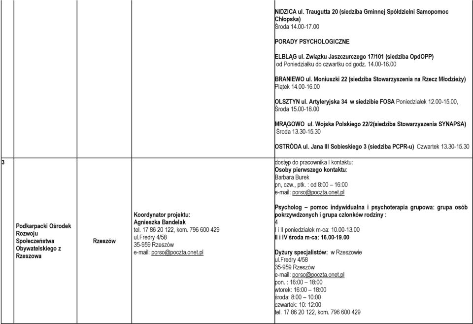 Artyleryjska 34 w siedzibie FOSA Poniedziałek 12.00-15.00, Środa 15.00-18.00 MRĄGOWO ul. Wojska Polskiego 22/2(siedziba Stowarzyszenia SYNAPSA) Środa 13.30-15.30 OSTRÓDA ul.