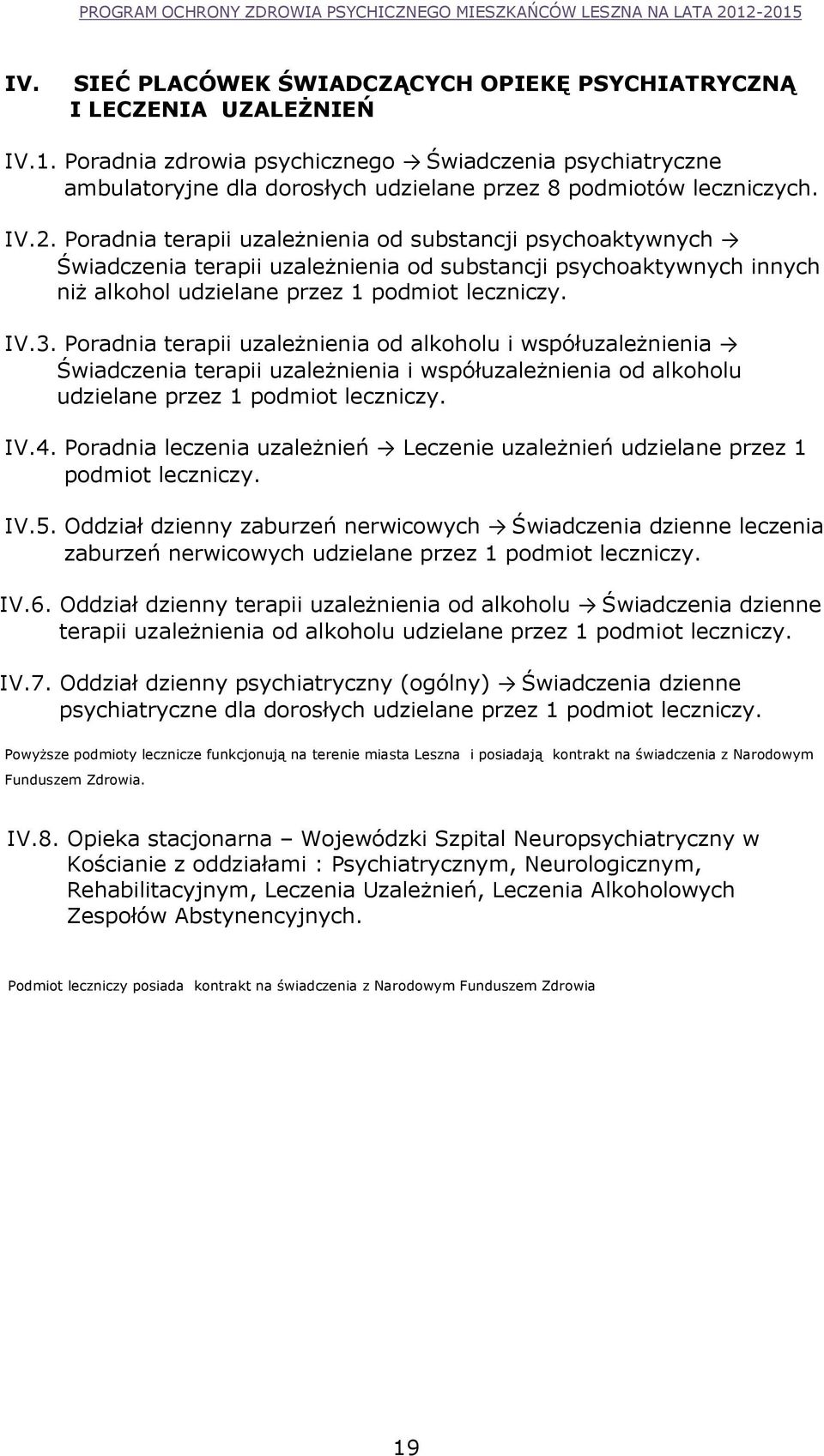 Poradnia terapii uzależnienia od substancji psychoaktywnych Świadczenia terapii uzależnienia od substancji psychoaktywnych innych niż alkohol udzielane przez 1 podmiot leczniczy. IV.3.