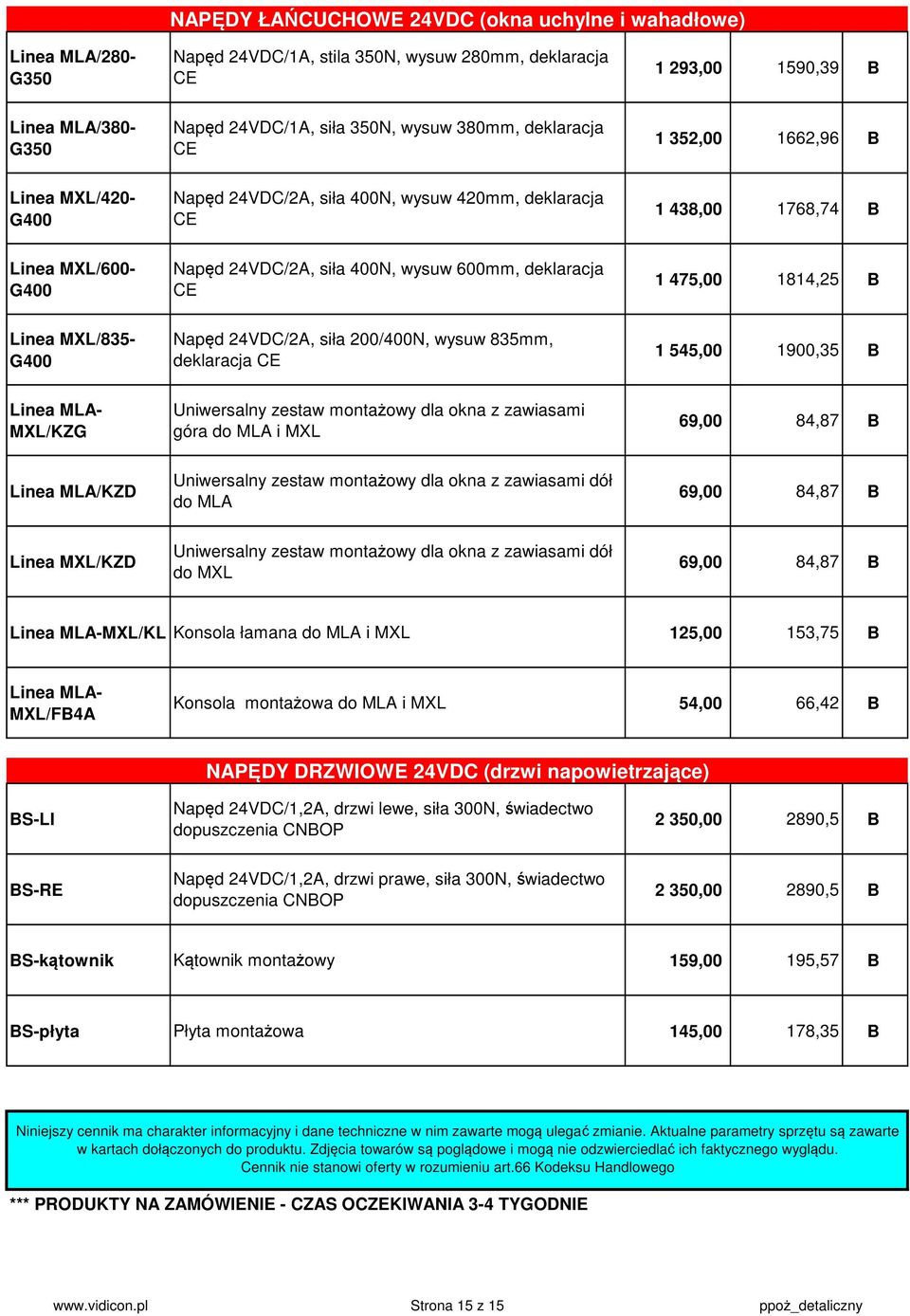 CE 1 475,00 1814,25 Linea MXL/835- G400 Napęd 24VDC/2A, siła 200/400N, wysuw 835mm, deklaracja CE 1 545,00 1900,35 Linea MLA- MXL/KZG Uniwersalny zestaw montażowy dla okna z zawiasami góra do MLA i