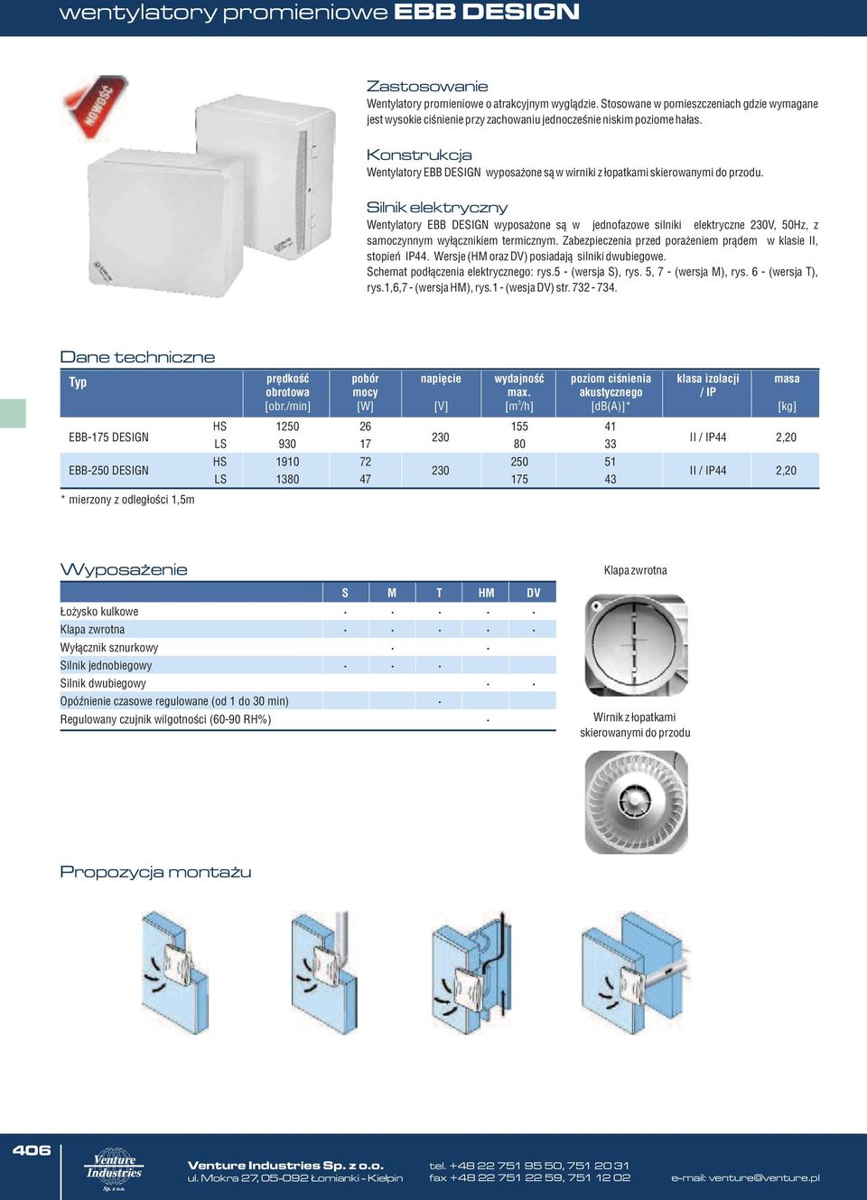 Konstrukcja Wentylatory EBB DESIGN wyposa one s¹ w wirniki z ³opatkami skierowanymi do przodu.