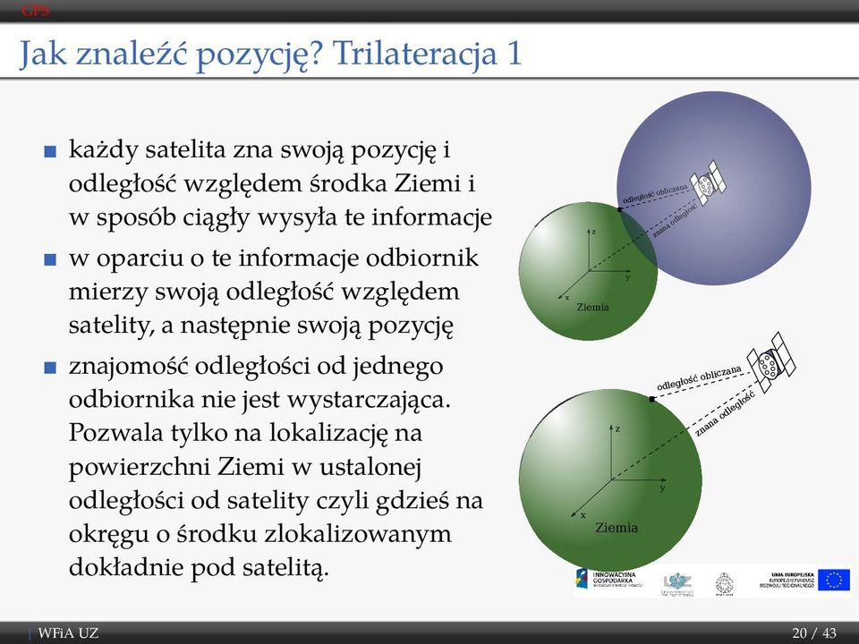 informacje odbiornik mierzy swoją odległość względem satelity, a następnie swoją pozycję znajomość odległości od jednego odbiornika nie jest