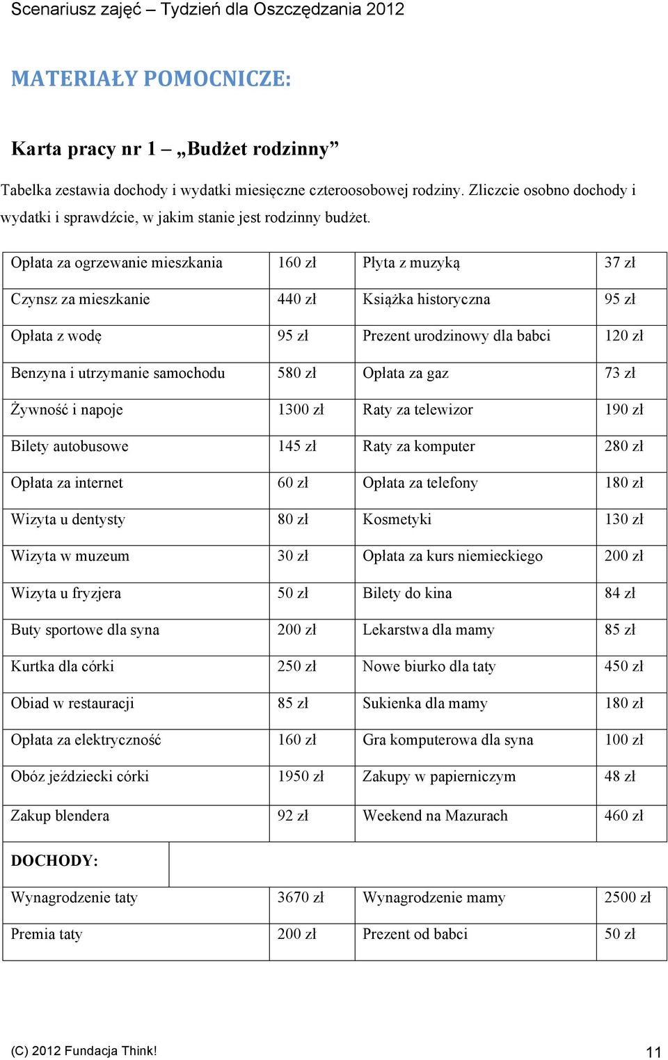 Opłata za ogrzewanie mieszkania 160 zł Płyta z muzyką 37 zł Czynsz za mieszkanie 440 zł Książka historyczna 95 zł Opłata z wodę 95 zł Prezent urodzinowy dla babci 120 zł Benzyna i utrzymanie