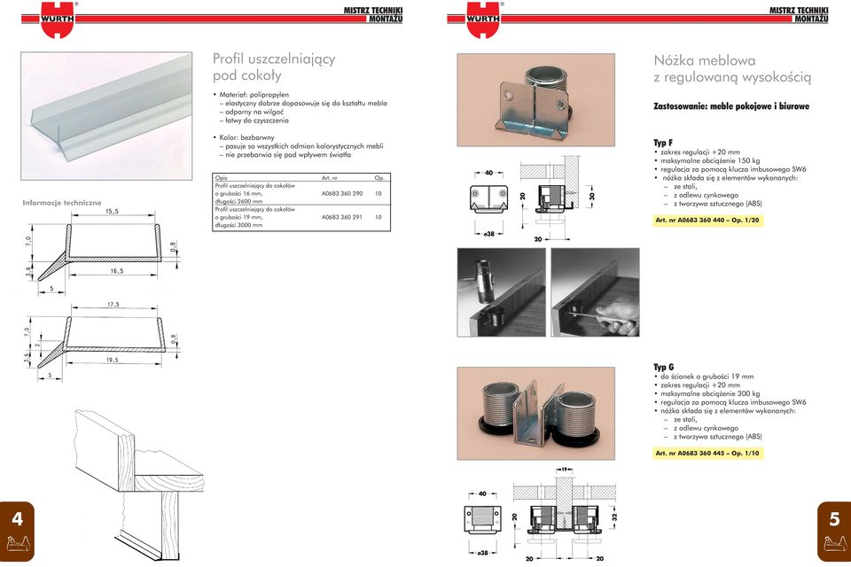 gruboêci 19 mm, A0683 360 291 10 d ugoêci 3000 mm Nó ka meblowa z regulowanà wysokoêcià Zastosowanie: meble pokojowe i biurowe Typ F zakres regulacji +20 mm maksymalne obcià enie 150 kg regulacja za