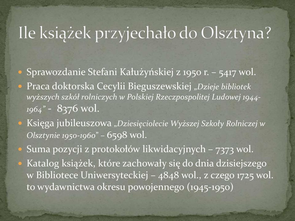 1944-1964 - 8376 wol. Księga jubileuszowa Dziesięciolecie Wyższej Szkoły Rolniczej w Olsztynie 1950-1960 6598 wol.