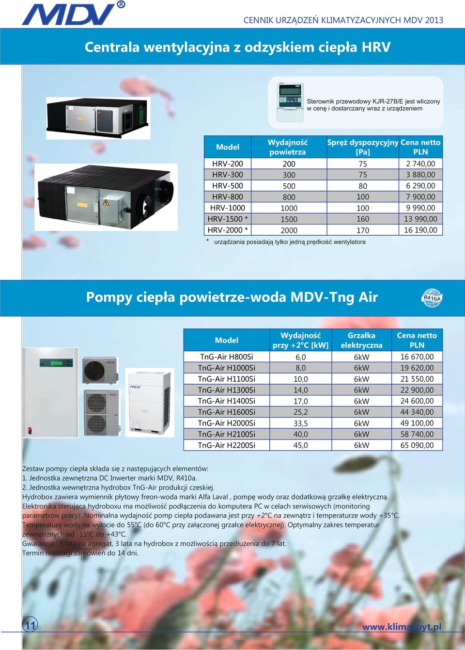 posiadają tylko jedną prędkość wentylatora Pompy ciepła powietrze-woda MDV-Tng Air przy +2 C [kw] Grzałka elektryczna TnG-Air H800Si TnG-Air H1000Si TnG-Air H1100Si TnG-Air H1300Si TnG-Air H1400Si