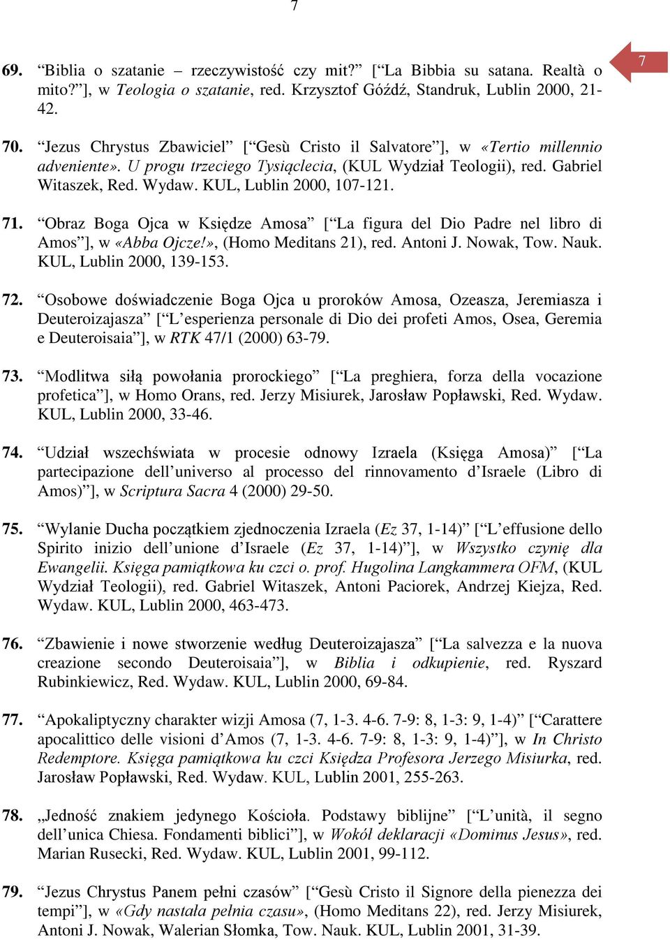 KUL, Lublin 2000, 107-121. 71. Obraz Boga Ojca w Księdze Amosa [ La figura del Dio Padre nel libro di Amos ], w «Abba Ojcze!», (Homo Meditans 21), red. Antoni J. Nowak, Tow. Nauk.