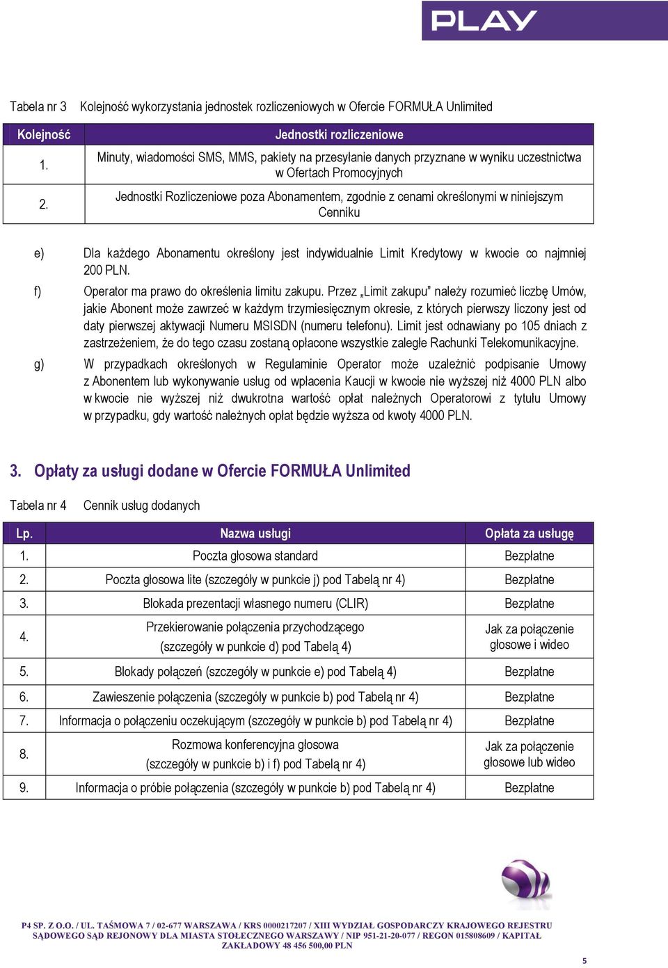 Ofertach Promocyjnych Jednostki Rozliczeniowe poza Abonamentem, zgodnie z cenami określonymi w niniejszym Cenniku e) Dla każdego Abonamentu określony jest indywidualnie Limit Kredytowy w kwocie co