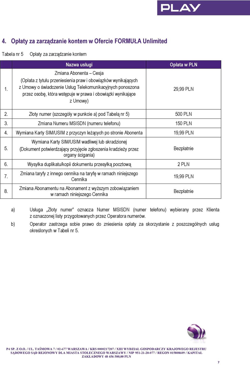 obowiązki wynikające z Umowy) Opłata w PLN 29,99 PLN 2. Złoty numer (szczegóły w punkcie a) pod Tabelą nr 5) 500 PLN 3. Zmiana Numeru MSISDN (numeru telefonu) 150 PLN 4.