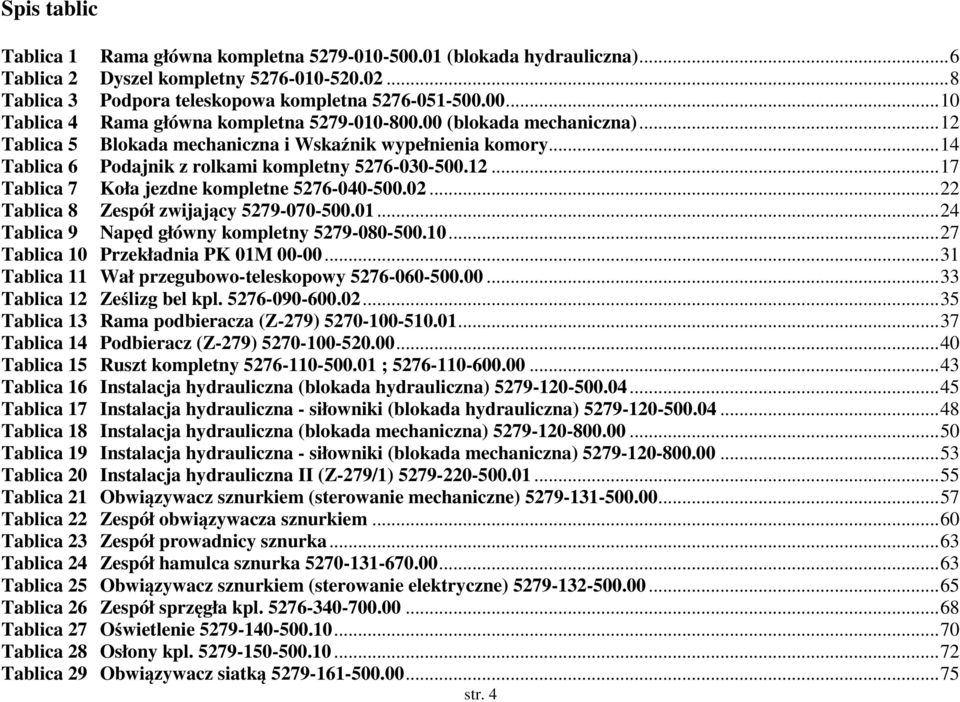 02...22 Tablica 8 Zespół zwijający 5279-070-500.01...24 Tablica 9 Napęd główny kompletny 5279-080-500.10...27 Tablica 10 Przekładnia PK 01M 00-00...31 Tablica 11 Wał przegubowo-teleskopowy 5276-060-500.