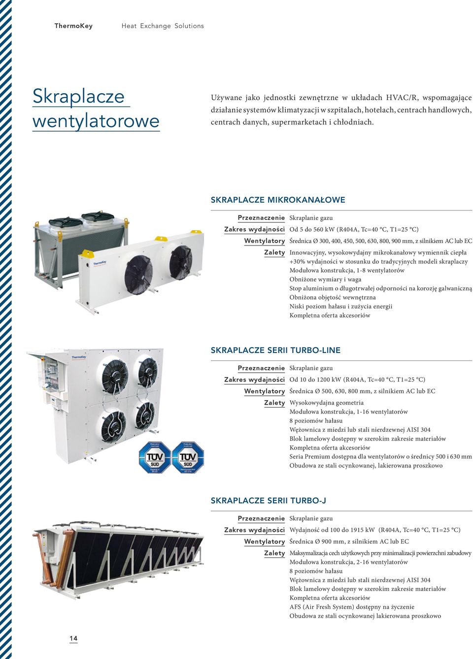 SKRAPLACZE MIKROKANAŁOWE Przeznaczenie Skraplanie gazu Zakres wydajności Od 5 do 560 kw (R404A, Tc=40 C, T1=25 C) Wentylatory Średnica Ø 300, 400, 450, 500, 630, 800, 900 mm, z silnikiem AC lub EC