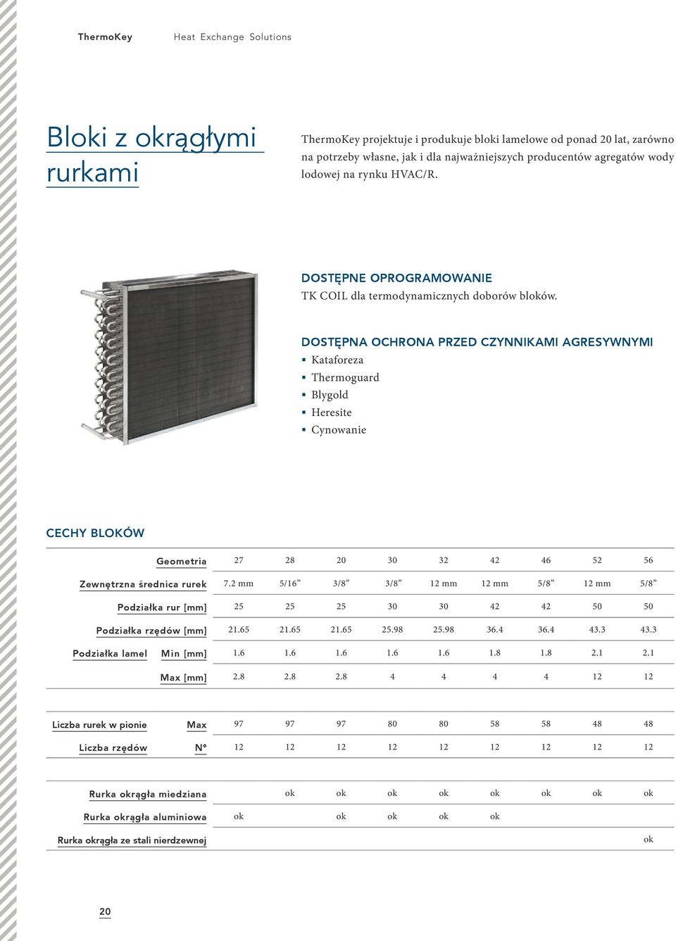 DOSTĘPNA OCHRONA PRZED CZYNNIKAMI AGRESYWNYMI Kataforeza Thermoguard Blygold Heresite Cynowanie CECHY BLOKÓW Geometria 27 28 20 30 32 42 46 52 56 Zewnętrzna średnica rurek 7.