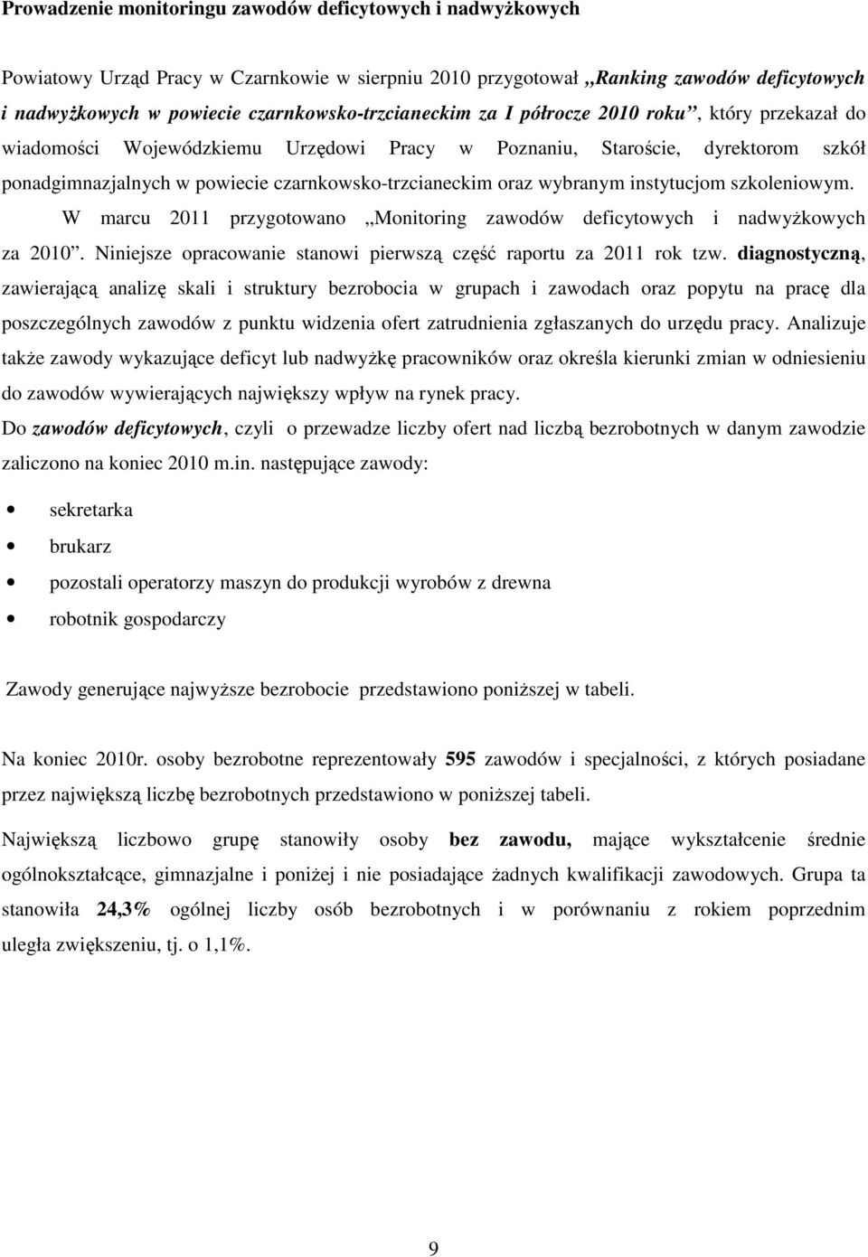 czarnkowsko-trzcianeckim oraz wybranym instytucjom szkoleniowym. W marcu 2011 przygotowano Monitoring zawodów deficytowych i nadwyżkowych za 2010.