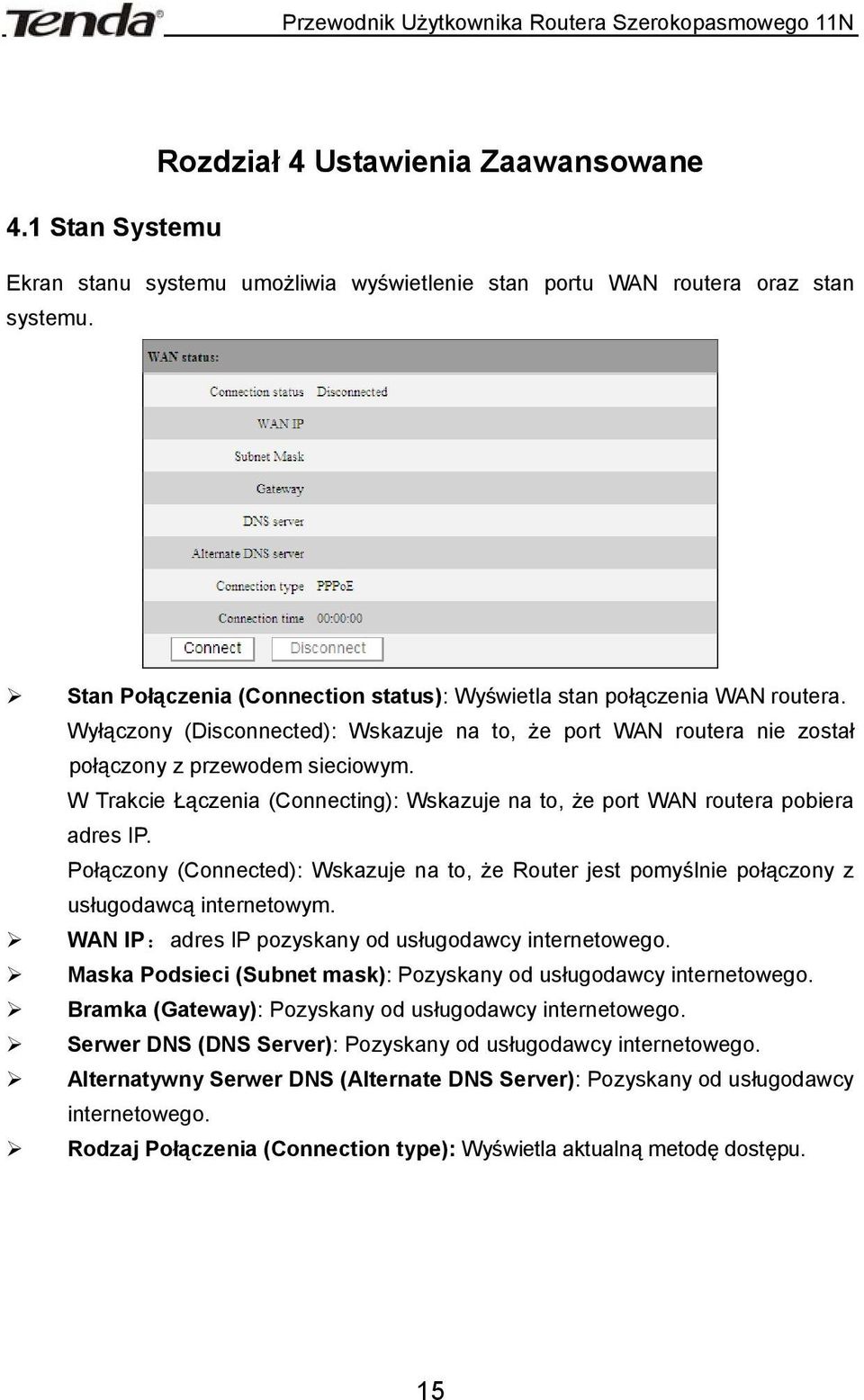 W Trakcie Łączenia (Connecting): Wskazuje na to, że port WAN routera pobiera adres IP. Połączony (Connected): Wskazuje na to, że Router jest pomyślnie połączony z usługodawcą internetowym.