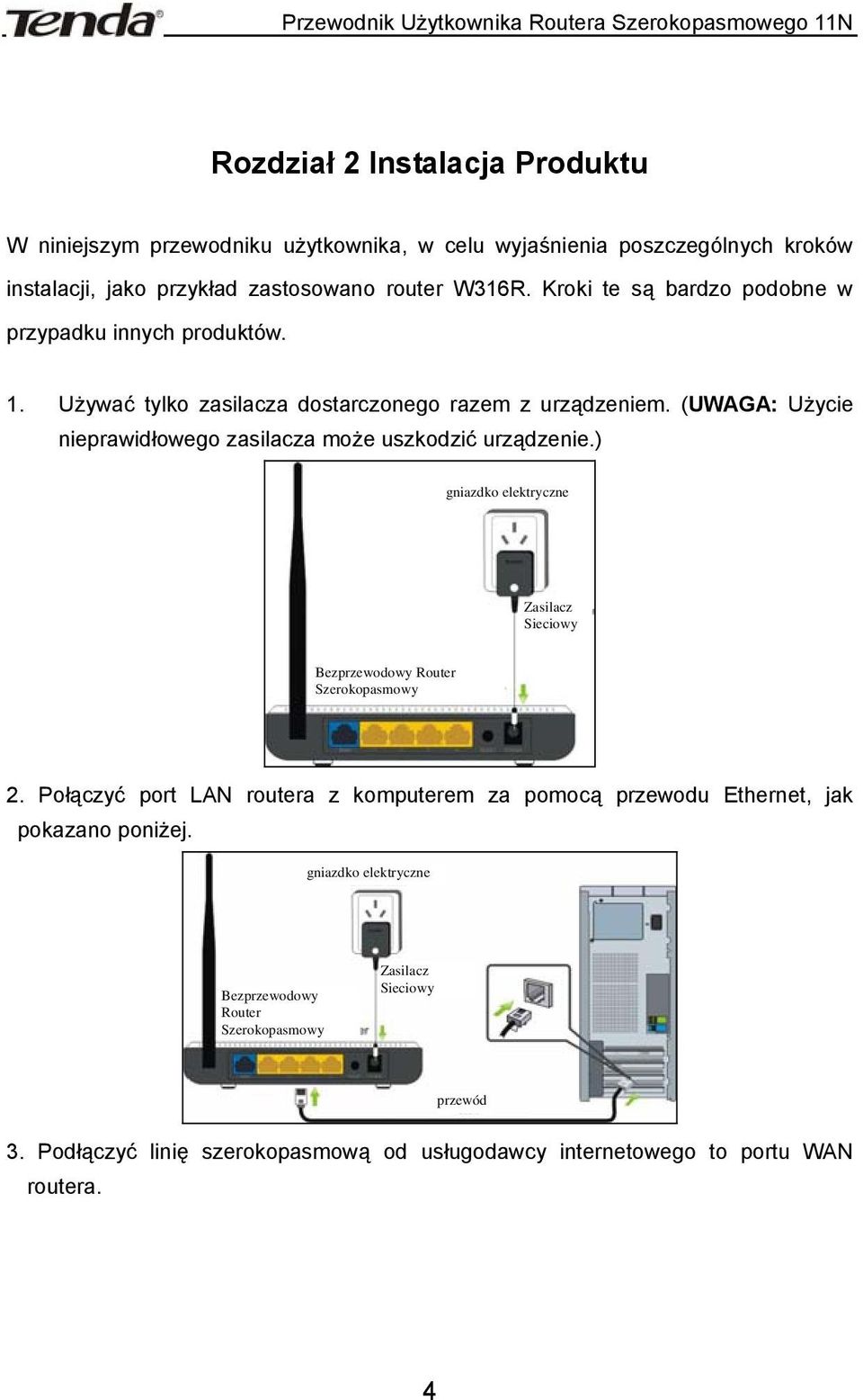 (UWAGA: Użycie nieprawidłowego zasilacza może uszkodzić urządzenie.) gniazdko elektryczne Zasilacz Sieciowy Bezprzewodowy Router Szerokopasmowy 2.