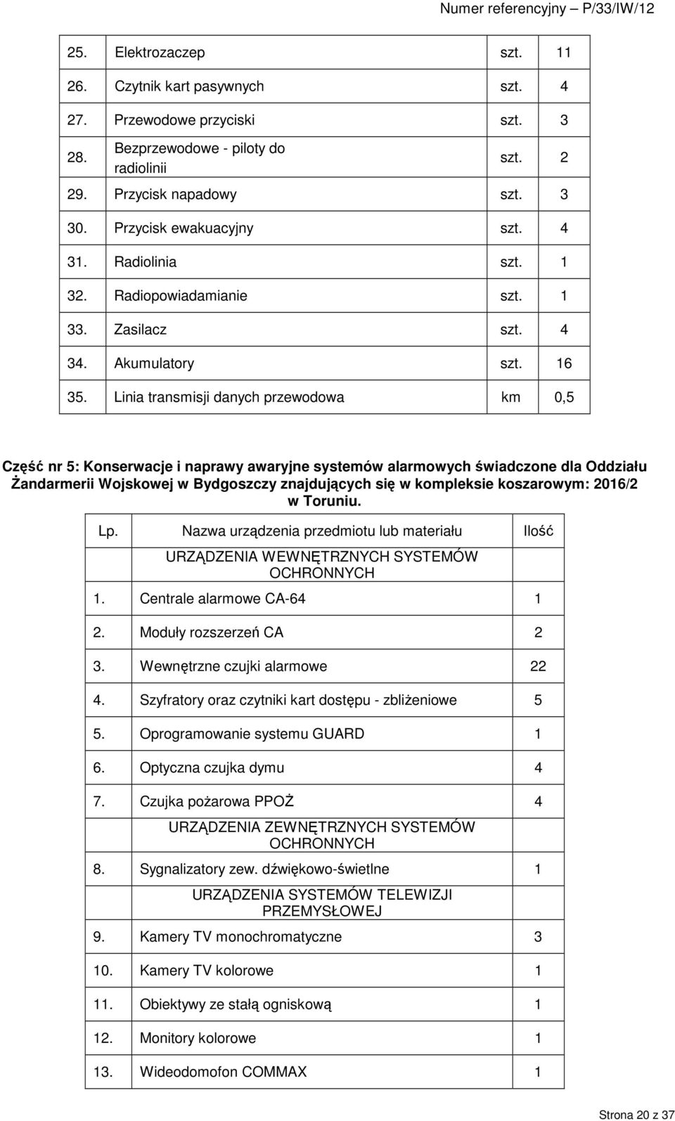 Linia transmisji danych przewodowa km 0,5 Część nr 5: Konserwacje i naprawy awaryjne systemów alarmowych świadczone dla Oddziału śandarmerii Wojskowej w Bydgoszczy znajdujących się w kompleksie