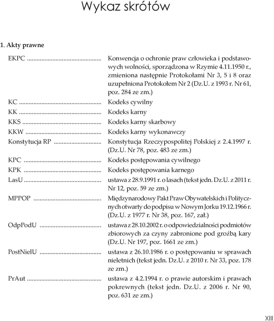 .. Kodeks karny wykonawczy Konstytucja RP... Konstytucja Rzeczypospolitej Polskiej z 2.4.1997 r. (Dz.U. Nr 78, poz. 483 ze zm.) KPC... Kodeks postępowania cywilnego KPK.