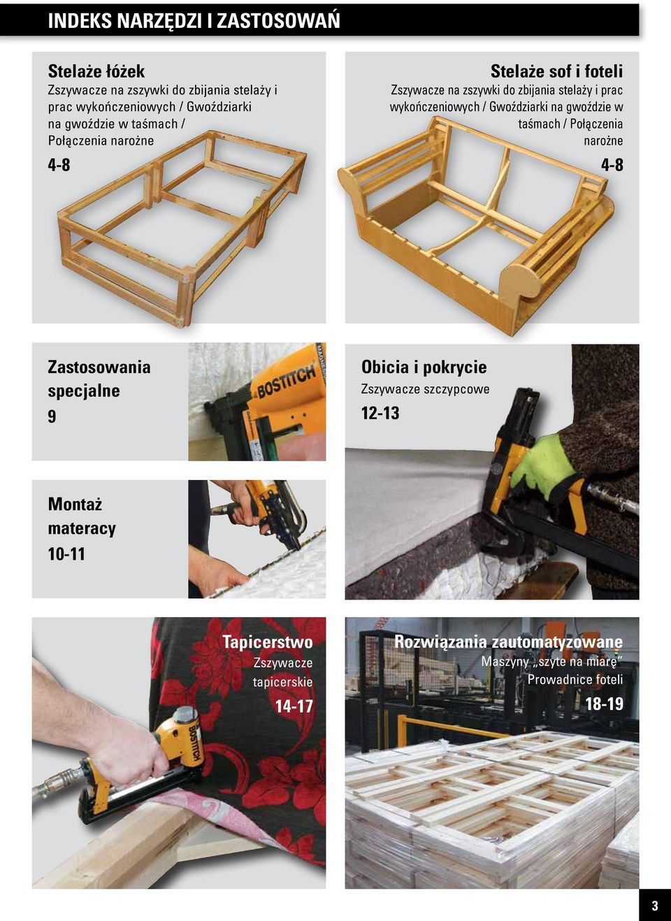 Gwoździarki na gwoździe w taśmach / Połączenia narożne 4-8 Zastosowania specjalne 9 Obicia i pokrycie Zszywacze szczypcowe 12-13