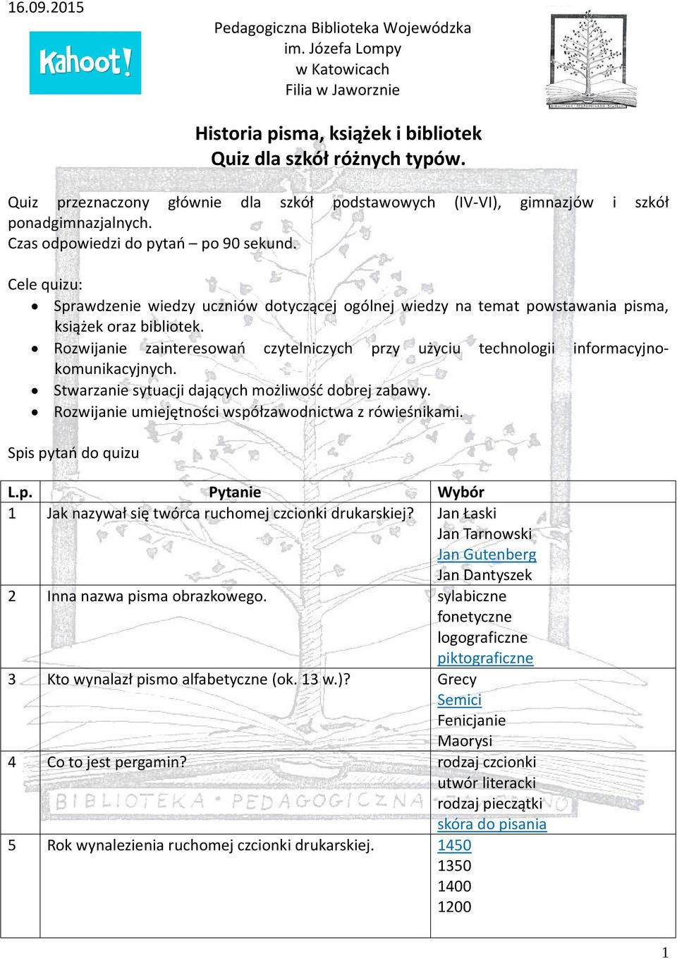 Cele quizu: Sprawdzenie wiedzy uczniów dotyczącej ogólnej wiedzy na temat powstawania pisma, książek oraz bibliotek.