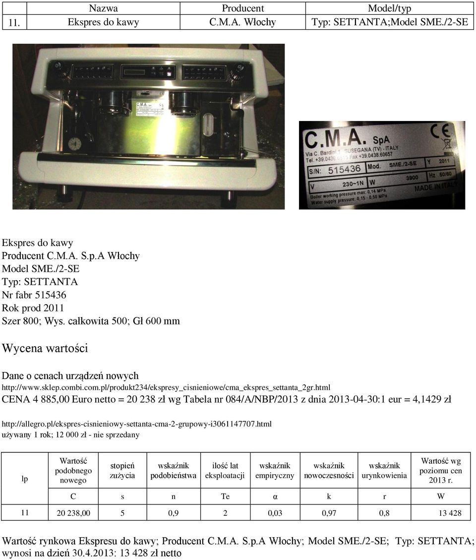 html CENA 4 885,00 Euro netto = 20 238 zł wg Tabela nr 084/A/NBP/2013 z dnia 2013-04-30:1 eur = 4,1429 zł http://allegro.