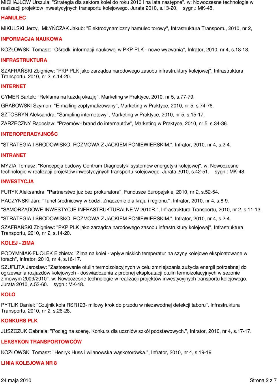 74-76. SZTOBRYN Aleksandra: ''Sampling internetowy'', Marketing w Praktyce, 2010, nr 5, s.15-17. ZARZECZNY Radosław: ''Przemówił brand do internautów'', Marketing w Praktyce, 2010, nr 5, s.34-36.