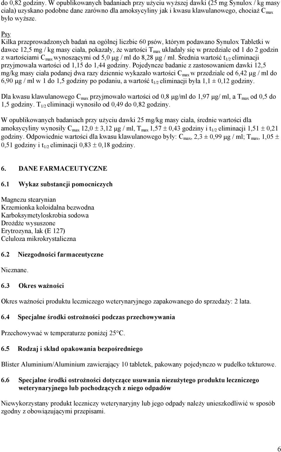 Psy Kilka przeprowadzonych badań na ogólnej liczbie 60 psów, którym podawano Synulox Tabletki w dawce 12,5 mg / kg masy ciała, pokazały, że wartości T max układały się w przedziale od 1 do 2 godzin z