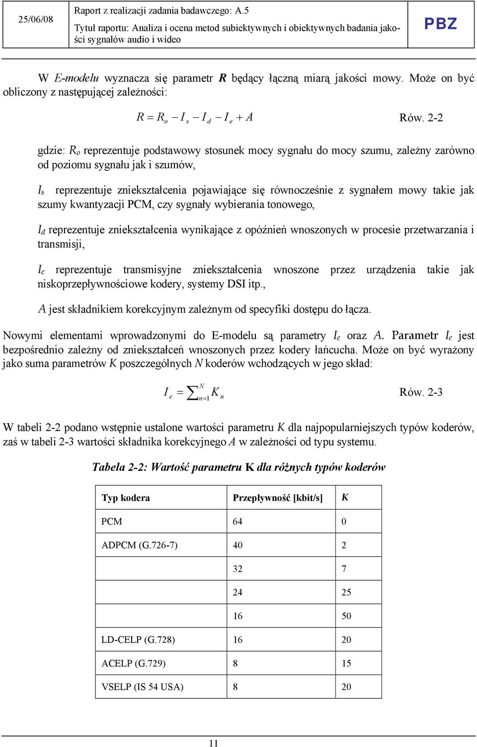 sygnałem mowy takie jak szumy kwantyzacji PCM, czy sygnały wybierania tonowego, I d reprezentuje zniekształcenia wynikające z opóźnień wnoszonych w procesie przetwarzania i transmisji, I e