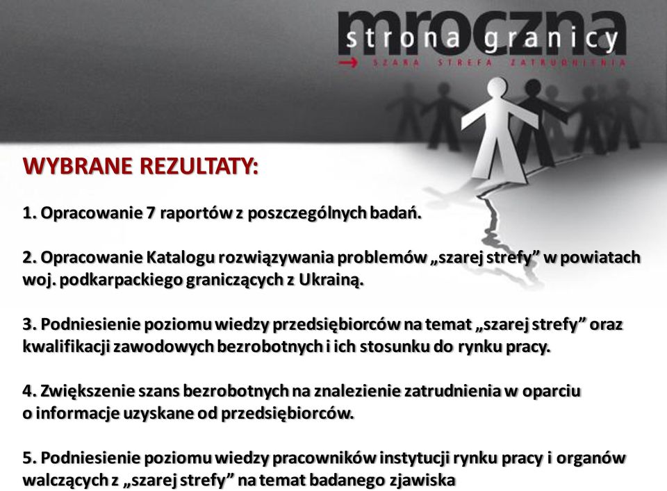 Podniesienie poziomu wiedzy przedsiębiorców na temat szarej strefy oraz kwalifikacji zawodowych bezrobotnych i ich stosunku do rynku pracy. 4.