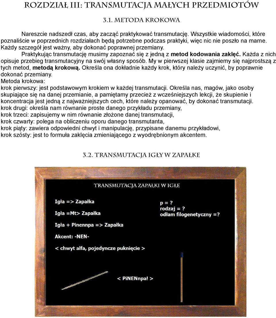 Praktykując transmutację musimy zapoznać się z jedną z metod kodowania zaklęć. Każda z nich opisuje przebieg transmutacyjny na swój własny sposób.